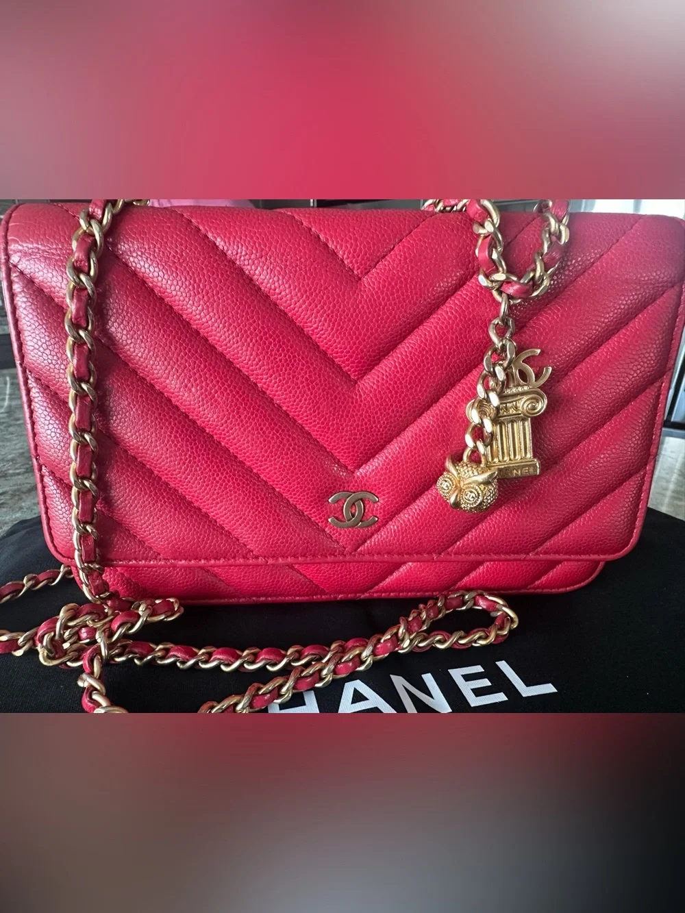 Chanel Red Caviar Chevron WOC – Greek Charms – Gold Hardware
